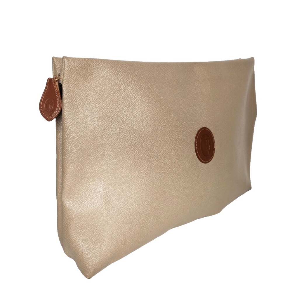 Trussardi Vintage Beige & Brown Leather Clutch Hand Bag Italy Large
